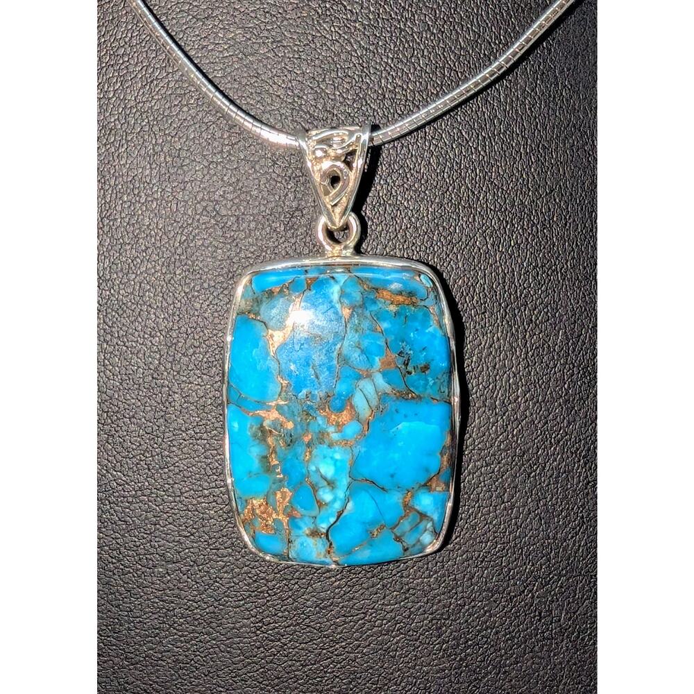 VTG 925 Sterling Silver Copper Turquoise Pendant on Sterling 18" Cable Wire - Picture 7 of 9